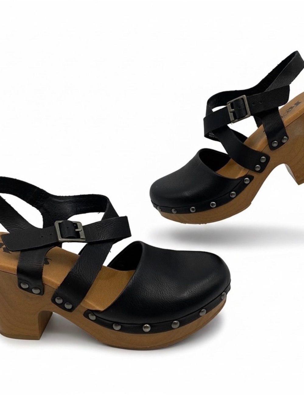 Kork-Ease Black Leather Cross-Strap Clogs